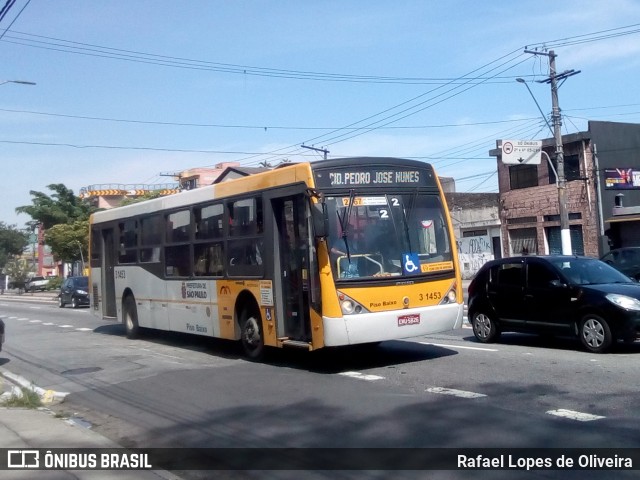 Viação Metrópole Paulista - Zona Leste 3 1453 na cidade de São Paulo, São Paulo, Brasil, por Rafael Lopes de Oliveira. ID da foto: 8608768.