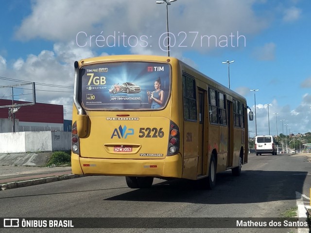 AVP - Auto Viação Paraíso 5226 na cidade de Aracaju, Sergipe, Brasil, por Matheus dos Santos. ID da foto: 9342975.