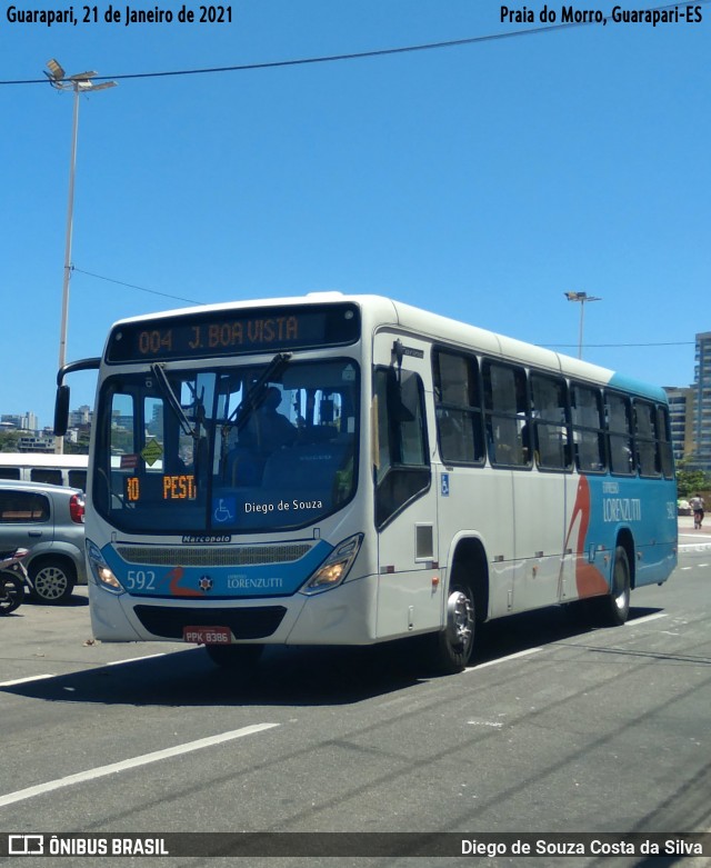 Expresso Lorenzutti 592 na cidade de Guarapari, Espírito Santo, Brasil, por Diego de Souza Costa da Silva. ID da foto: 8651188.