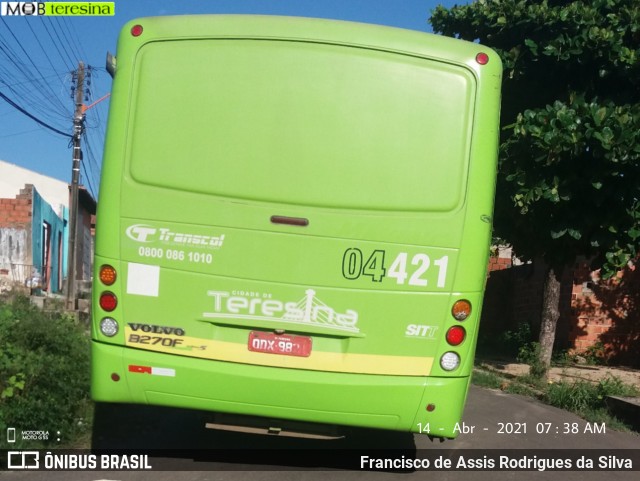 Transcol Transportes Coletivos 04421 na cidade de Teresina, Piauí, Brasil, por Francisco de Assis Rodrigues da Silva. ID da foto: 8819796.