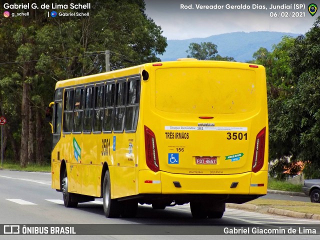 Auto Ônibus Três Irmãos 3501 na cidade de Jundiaí, São Paulo, Brasil, por Gabriel Giacomin de Lima. ID da foto: 9067214.