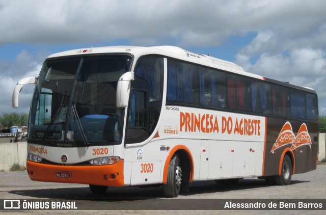 Auto Viação Princesa do Agreste 3020 na cidade de Caruaru, Pernambuco, Brasil, por Alessandro de Bem Barros. ID da foto: 9075294.