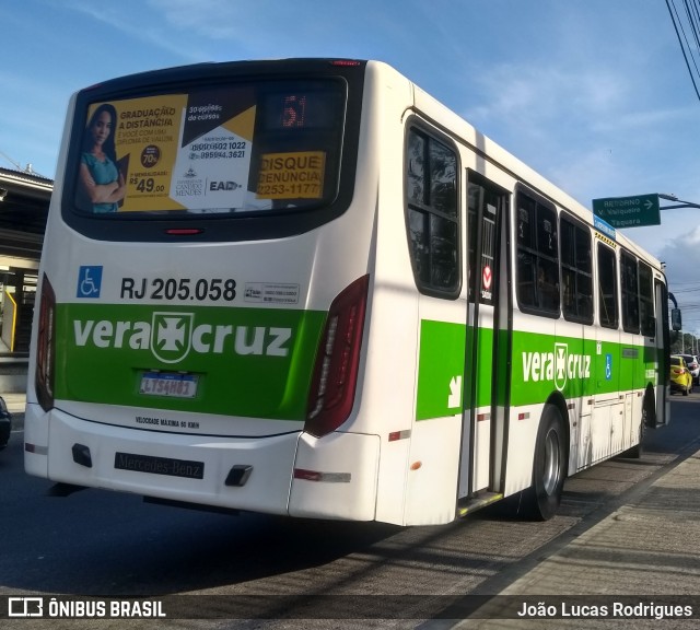 Viação Vera Cruz RJ 205.058 na cidade de Rio de Janeiro, Rio de Janeiro, Brasil, por João Lucas Rodrigues. ID da foto: 9138040.